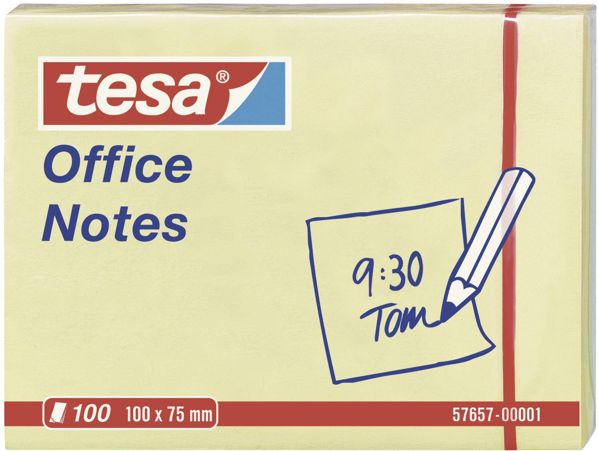 Balení 'tesa Office Notes' formátu 100 x 75 mm. Na jednom papírku je ručně napsáno '9:30 Tom'.