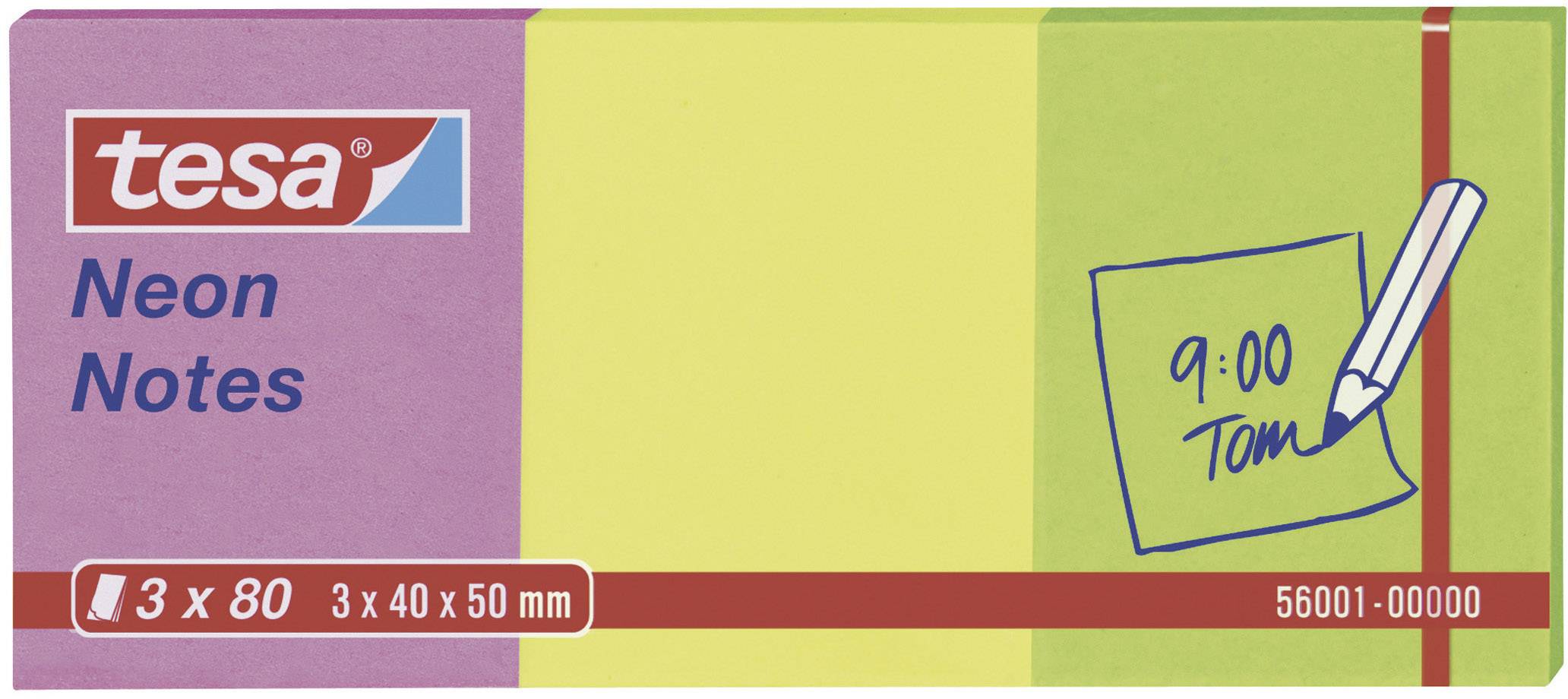 Balení Tesa Neon Notes se samolepicími poznámkovými lístky v žluté a zelené barvě. Obsahuje 3 bloky po 80 lístcích, velikost 40 x 50 mm.