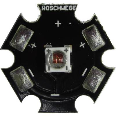 LED prvek na šestiúhelníkovité desce plošných spojů s vyznačenými polaritními symboly (+/-) a nápisem 'ROSCHWEG'.