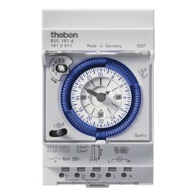 Analogové spínací hodiny s modrým otočným kolečkem a čísly od 1 do 24. Nastavitelné spínací časy pro 230V a 50-60Hz.