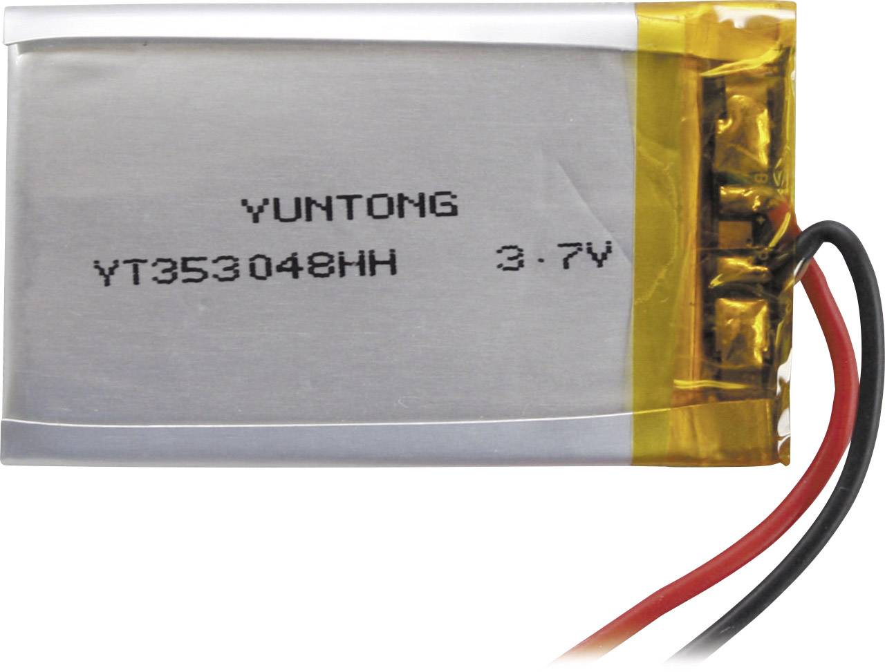 Malý obdélníkový lithium-polymerový akumulátor s potisky 'YUNTONG', 'YT353048HH' a '3.7V', oblepený žlutou lepicí páskou, s červenými a černými vodiči.