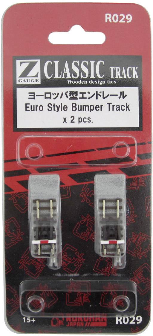 Balení se dvěma koncovými kolejnicemi ve stylu euro nárazníkové tratě pro modelové železnice. Značka: Classic Track. Číslo modelu: R029.