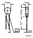Diagram elektrické součástky s rozměry v milimetrech, včetně maximální šířky a výšky, délky nožiček a průměru.