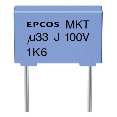 Modrý kondenzátor s nápisem 'EPCOS MKT µ33 J 100V 1K6', dva vývody dole.