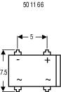 Schematický nákres elektrické součástky se symboly '+' a '-'. Rozměry: 7,5 výška, 5 šířka.