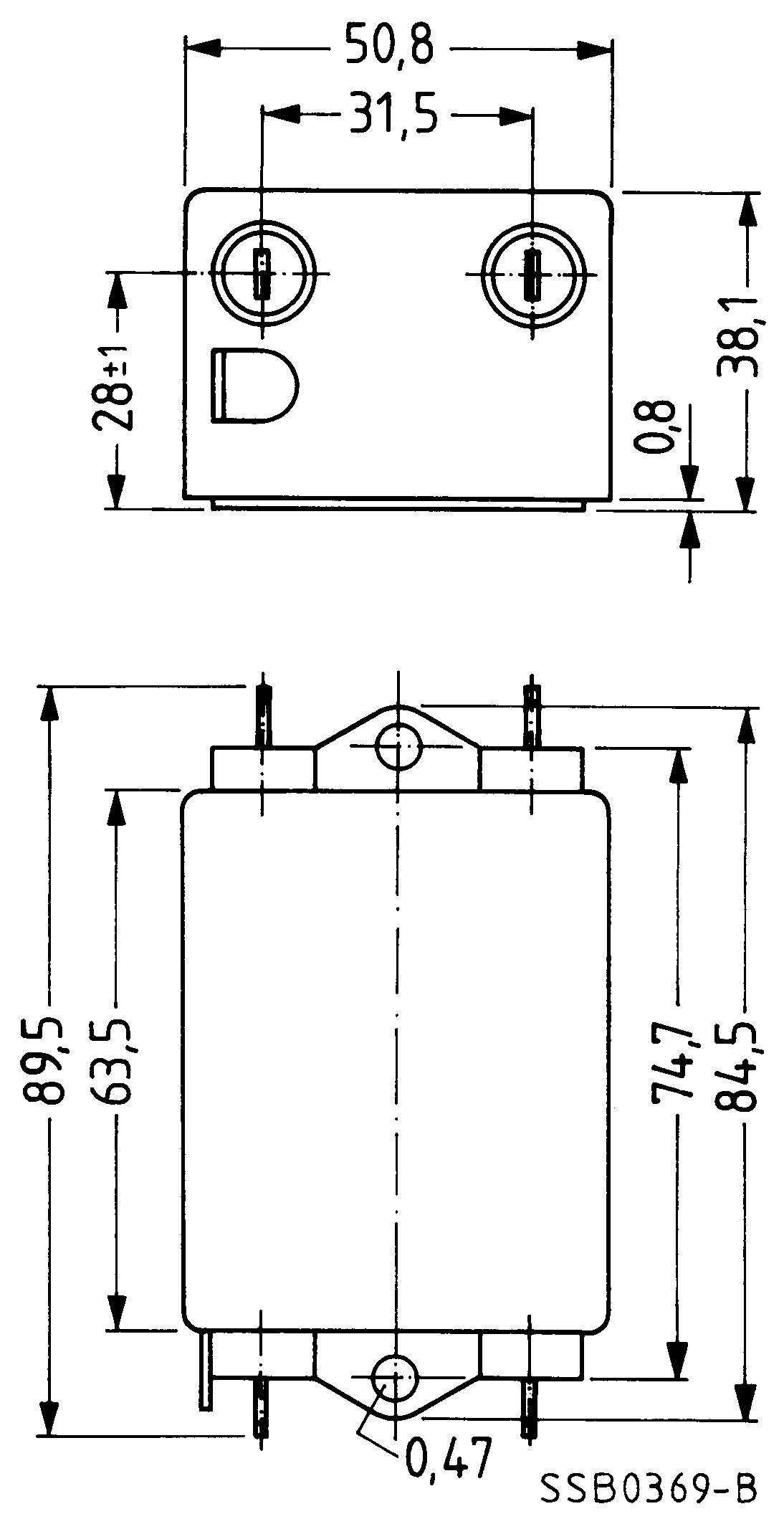 Rozměry kondenzátoru: Pohled shora 50,8 mm x 31,5 mm; Boční pohled 89,5 mm x 63,5 mm. Šipky ukazují rozměry a polohy.