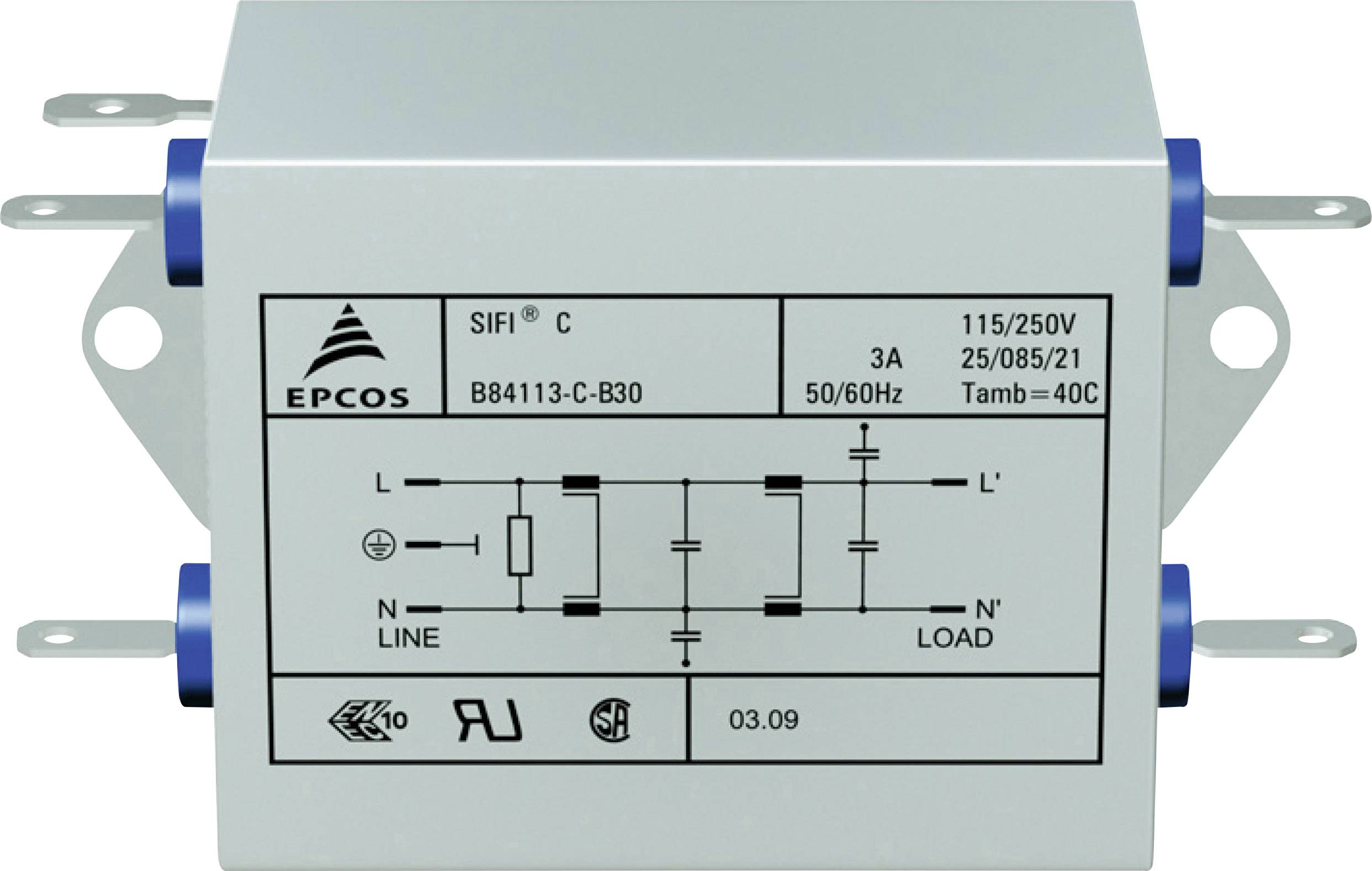 Šedě-bílý Epcos filtr s technickými specifikacemi: Model B84113-C-B30, 3A, 50/60 Hz, 115/250 V, teplotní rozsah do 40 °C.