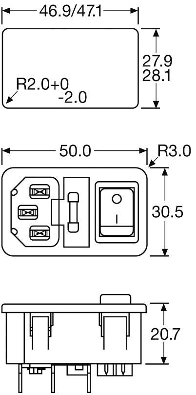 Diagram s rozměry obdélníkového zařízení ve třech pohledech. Rozměry: 46,9/47,1 x 27,9/28,1 mm a 50 x 30,5 mm, poloměr 3 mm.