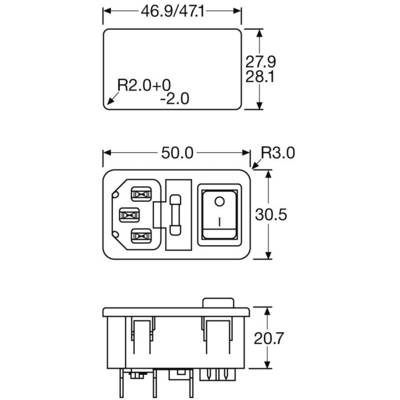 Diagram s rozměry obdélníkového zařízení ve třech pohledech. Rozměry: 46,9/47,1 x 27,9/28,1 mm a 50 x 30,5 mm, poloměr 3 mm.