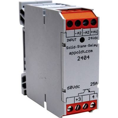 Solid-state relé pro montáž na DIN lištu zobrazuje vstupní napětí 24 VDC a maximální proud 25 A.