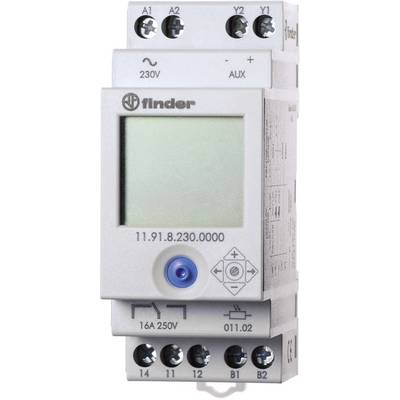 Elektronické zařízení s displejem, tlačítky a konektory. Popisy: '230V', 'AUX', '16A 250V'. Zařízení značky 'Finder'.