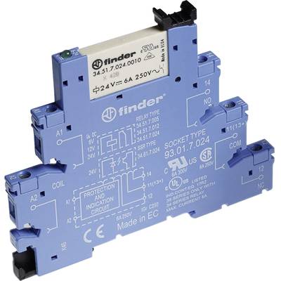 Modrý elektrický relé s označením 'finder'. Zobrazuje schéma zapojení a technické údaje jako jmenovité napětí 250 V a 6 A.