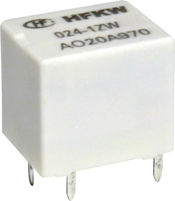Bílé elektronické relé se třemi kovovými svorkami leží na boku, potištěné texty 'HFKW', '024-1ZN' a 'AO20A970'.