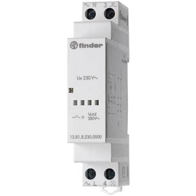 Elektrické relé od společnosti Finder s nápisem 'Un 230V~'. Má čtyři svorky a je vhodné pro elektrické obvody o napětí 230 voltů.