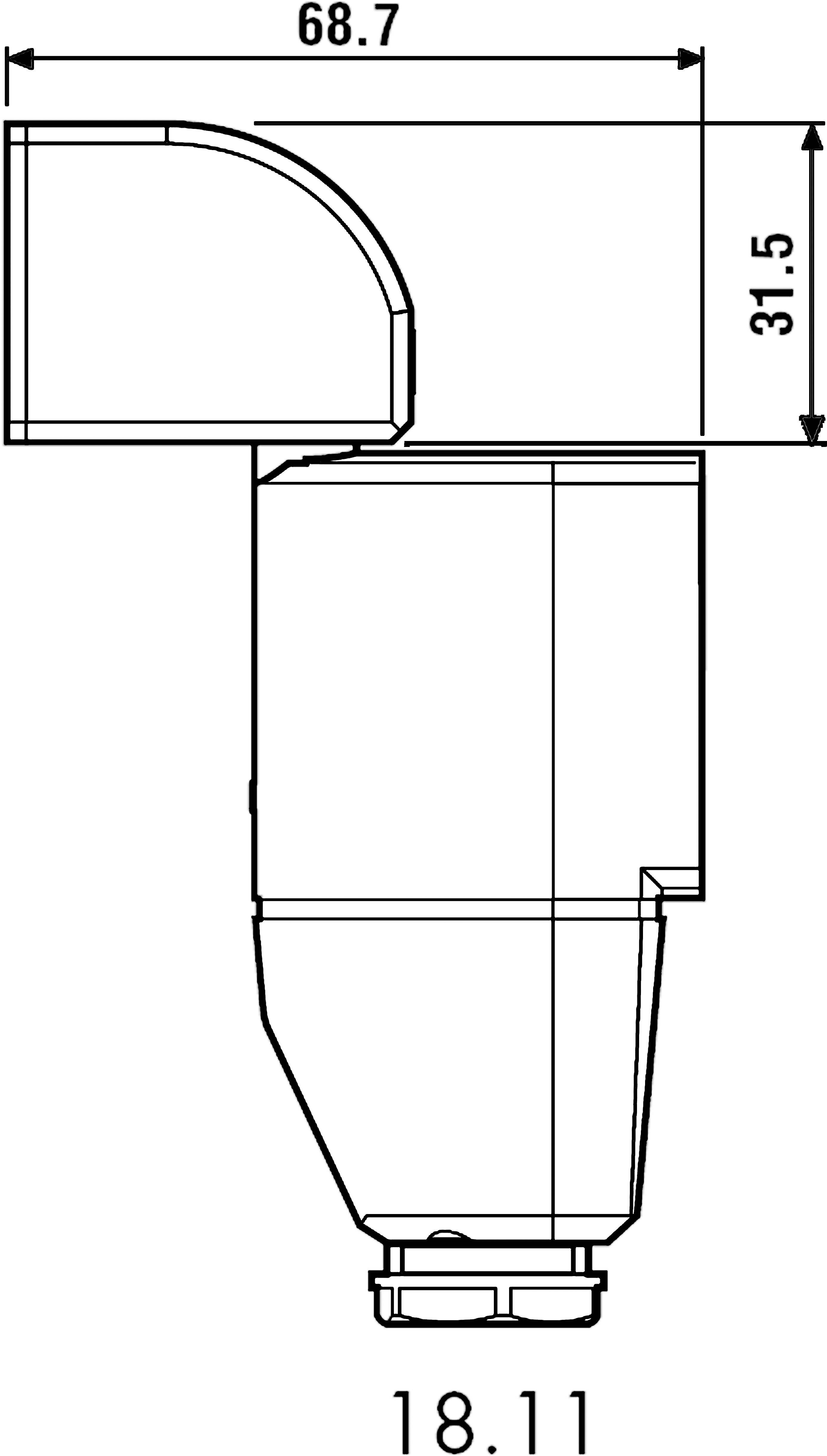 Detailní technický výkres konektorové zásuvky. Znázorňuje rozměry: šířka 68,7 mm, výška 31,5 mm, hloubka 18,11 mm.