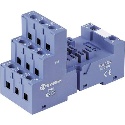 Modrý relé patice Finder, typ 92.03, dimenzovaný na 16A, 250V, s bočním CE označením. Primárně určen pro průmyslové aplikace.