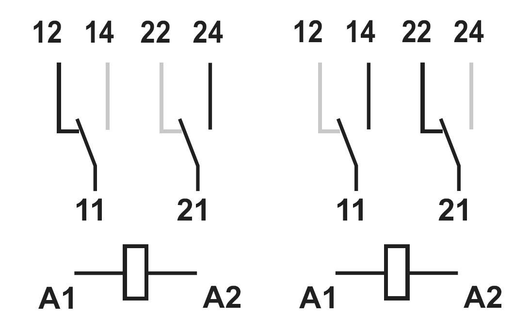 Schematický diagram zobrazuje dva identické elektrické obvody, každý se dvěma spínači (12/14, 22/24) a kontakty (11/21) v příslušném pořadí.