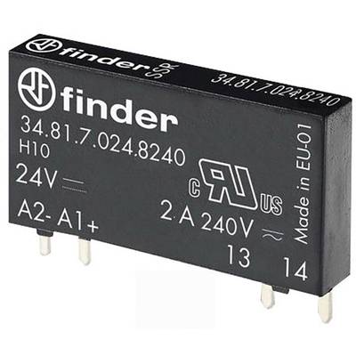 Černý relé díl s bílými potisky 'Finder 34.81.7.024.8240', '24V', '2A 240V' a symboly certifikací, vyrobeno v EU.