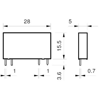 Obdélníková elektronická součástka s rozměry: délka 28 mm, výška 15,5 mm, šířka 5 mm. Délka vývodů 3,6 mm, rozteč vývodů 1 mm.