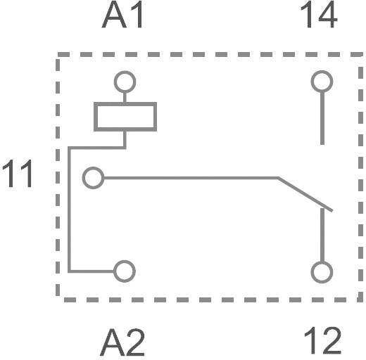Schéma zapojení relé s připojovacími body: A1, A2, 11, 12, 14. Znázornění vnitřního elektrického obvodu s přepínačem a cívkou.