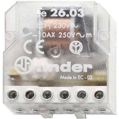 Průhledné elektrické relé Finder, model 26.03, pro 230 V a 10 A se šroubovými svorkami a označením CE.