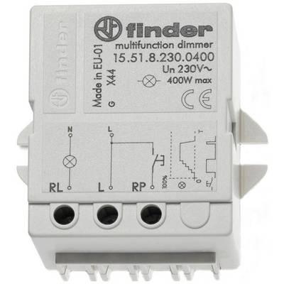 Multifunkční stmívač Finder 15.51.8.230.0400, max. 400W, 230V, EU01 na šedém elektrickém zařízení s elektrickými schématy a přípojkami.