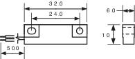 Technický výkres obdélníkového dílu s rozměry: 32x10 mm. Výkres obsahuje detaily vzdáleností a upevňovacích bodů.