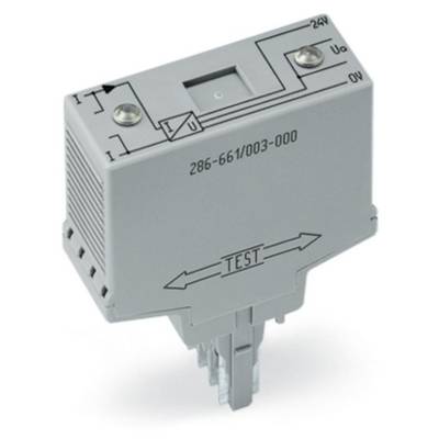 Šedé elektrické zařízení s testovacím tlačítkem a nápisem 'TEST', LED indikátorem a konektory pro 24V, 0V a Uo.