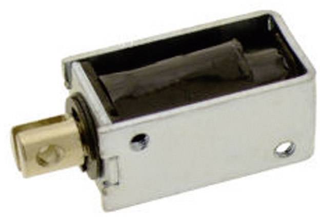 Obdélníkový elektrický miniaturní magnet. Kovový kryt s vyčnívajícím kolíkem. Vhodný pro použití v automatizační technice.