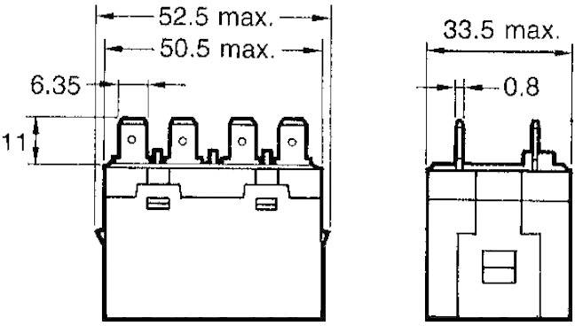 Technický výkres elektrické součástky s rozměry: šířka 52,5 mm, výška 33,5 mm, hloubka 6,35 mm.