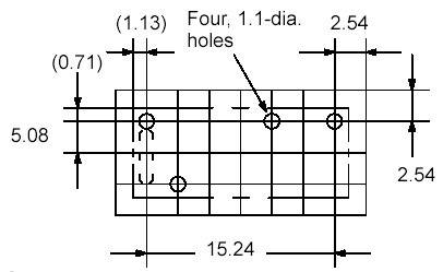 Diagram obdélníkové desky se čtyřmi otvory (průměr 1,1). Rozměry: šířka 15,24, výška 5,08, vzdálenosti otvorů vyznačeny.