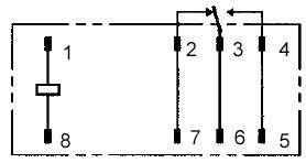 'Elektrické schéma zapojení relé, zobrazující propojení mezi kontakty 1, 2, 3, 4, 5, 6, 7 a cívkou 8.'