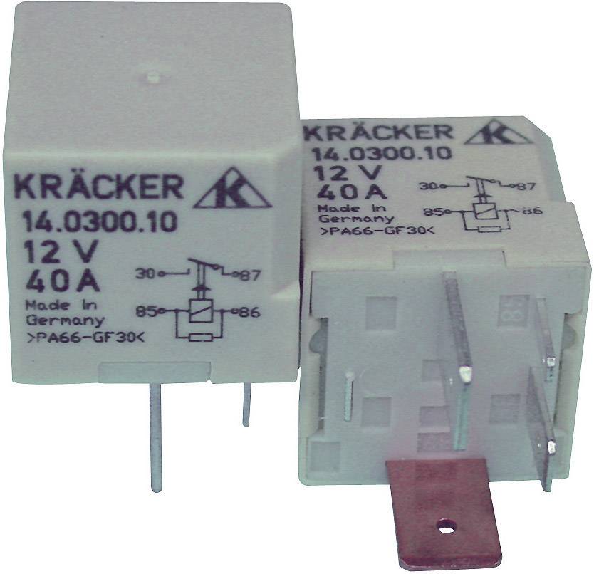 Dva elektrotechnické díly s nápisem 'KRÄCKER 14.0300.10 12V 40A, Made in Germany'. Pouzdro zobrazuje elektrické schéma zapojení.