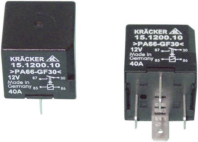 Dva černé relé s bílým nápisem: 'KRÄCKER 15.1200.10'. Technické detaily jako '12V' a '40A', 'Vyrobeno v Německu'.