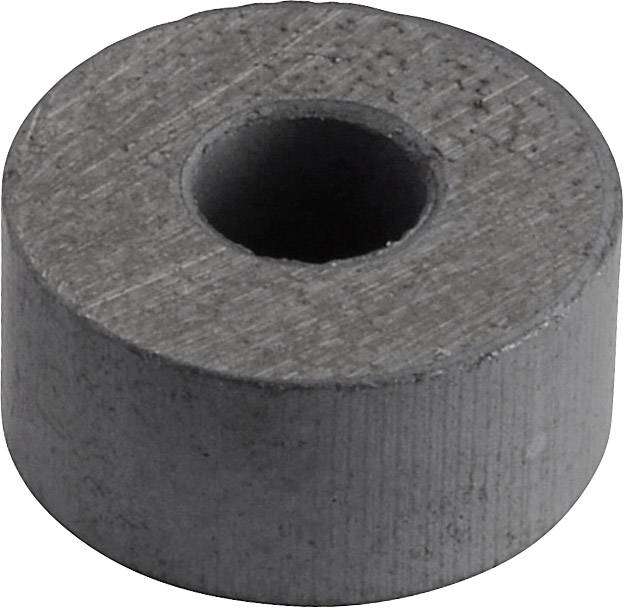 Šedý, kulatý magnet s otvorem uprostřed, vyrobený z feritového materiálu, leží na bílém pozadí. Navržen pro různé použití v domácnosti nebo průmyslu.