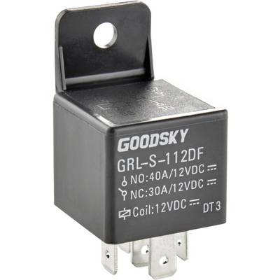 Černé relé od společnosti GOODSKY, model GRL-S-112DF, s údaji o napětí (12VDC) a proudové intenzitě (30A/40A), má kovové konektory.