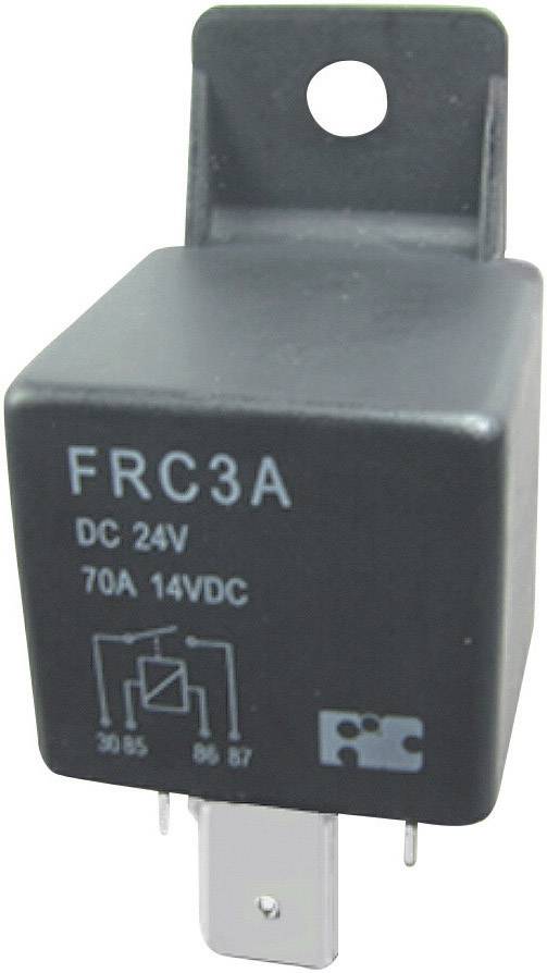 Černé 24V relé s nápisem 'FRC3A DC 24V 70A 14VDC'. Má čtyři kovové kontakty dole a diagram na povrchu.