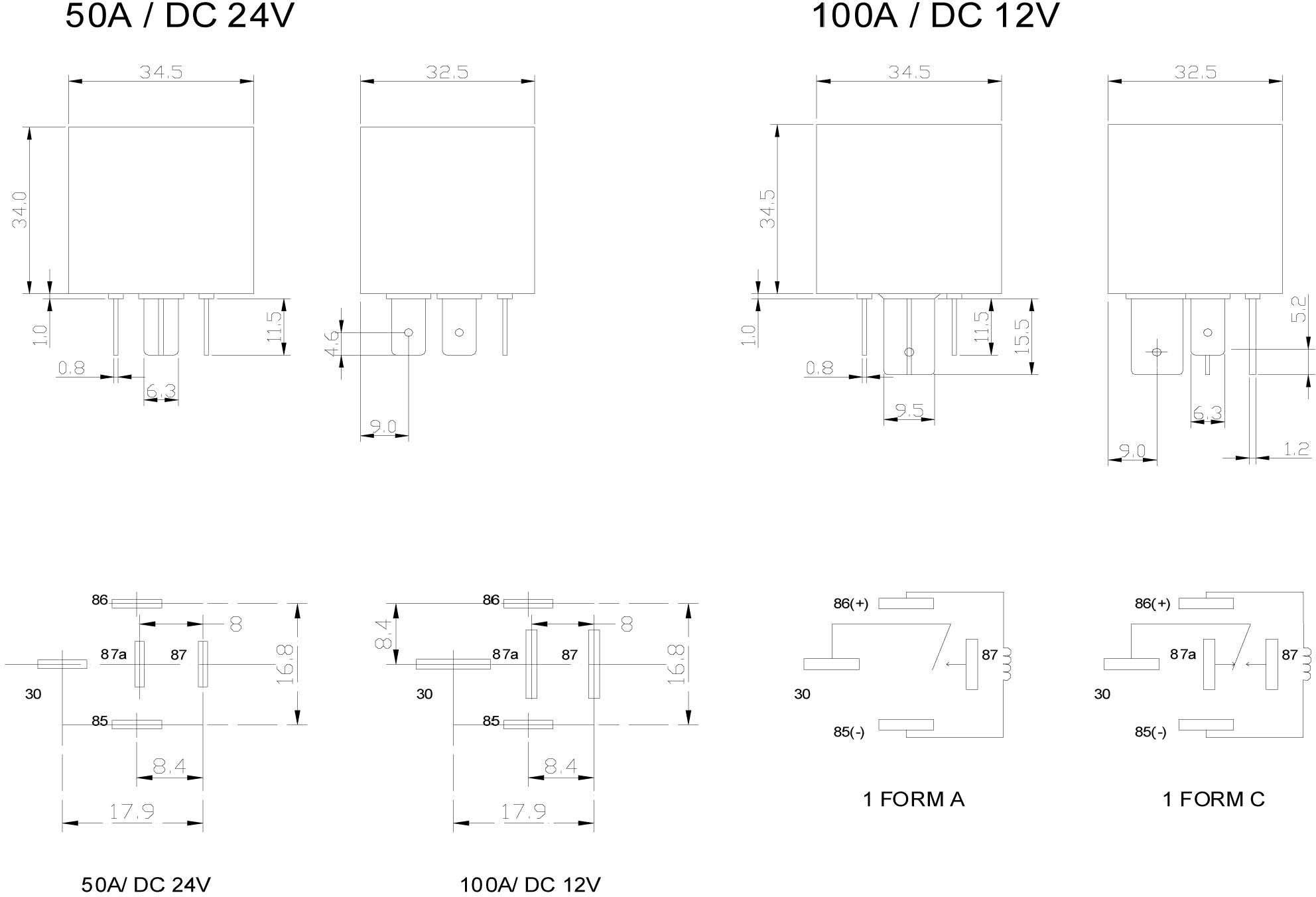'Schéma zapojení relé: Vlevo: 50A/DC 24V, Vpravo: 100A/DC 12V. Rozměry a uspořádání pinů jsou zobrazeny pro obě relé.'