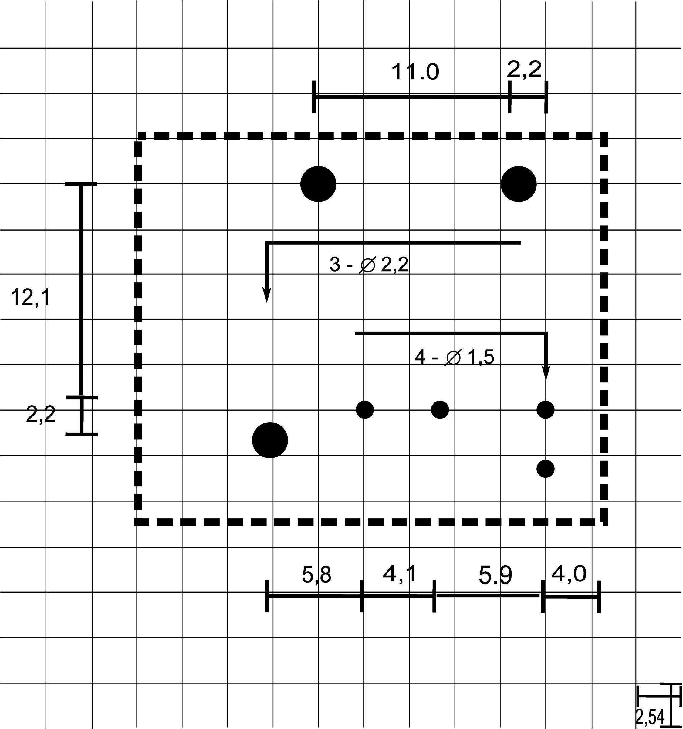 Technický výkres obdélníkového objektu s vyznačenými otvory a rozměry: 11,0 x 12,1 cm. Vzdálenost otvorů: 5,8, 4,1, 5,9, 4,0 cm.
