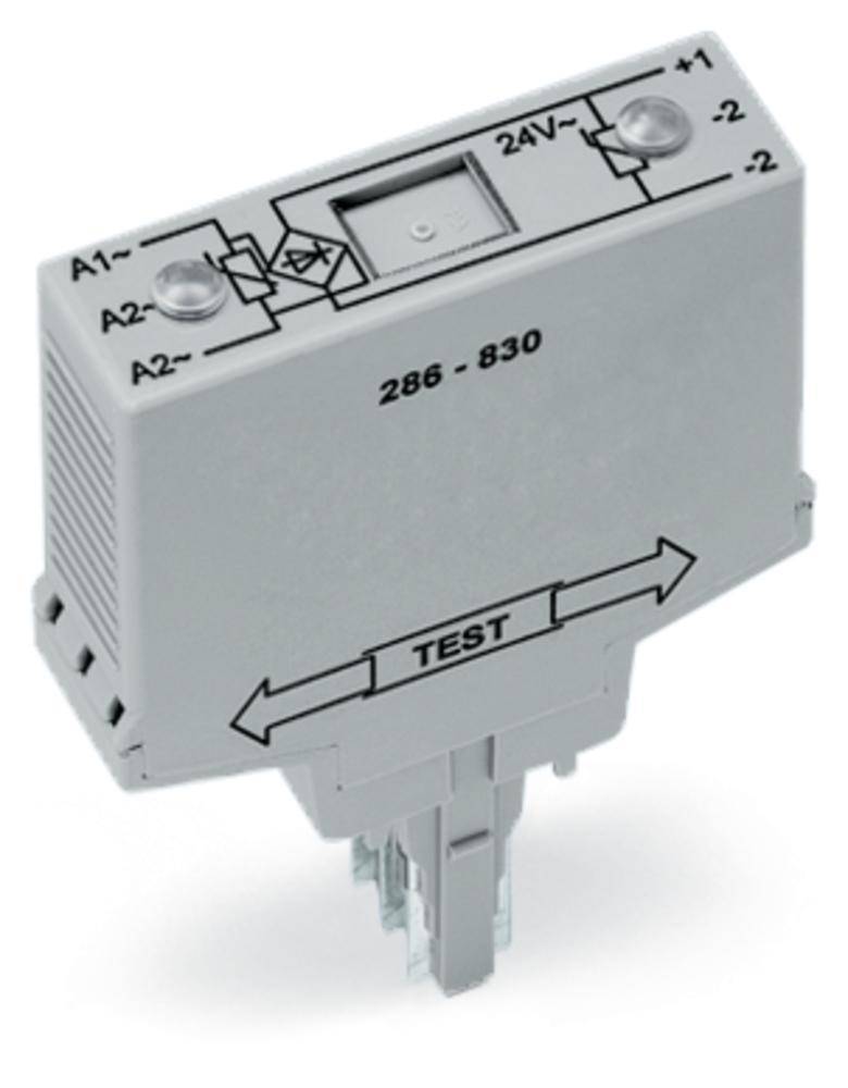 Elektronické zařízení s přípojkami pro 24V a testovací funkcí. Svorky označeny štítky A1, A2, +1, +2, -1, -2.