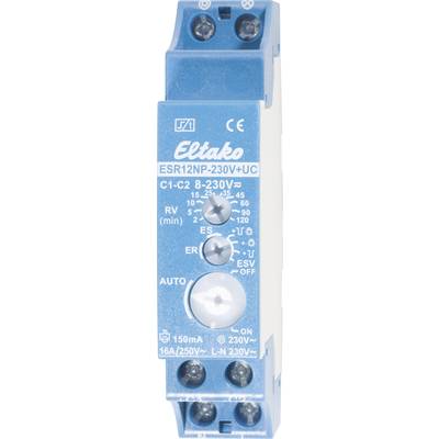 Modrý elektrický relé od Eltako, model ESR12NP-230V+UC, s ovladači pro časové zpoždění, vhodný pro 230V.