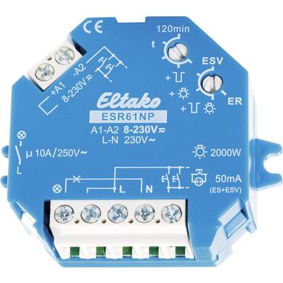 Modrý elektromechanický spínací relé Eltako, model ESR61NP, pro napětí 8-230V a 10A. Spoje a popisky jsou viditelné.