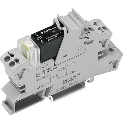 Šedé relé pro montáž na lištu DIN s popisem a připojovacími svorkami, používané pro řízení v elektrických rozváděčích.
