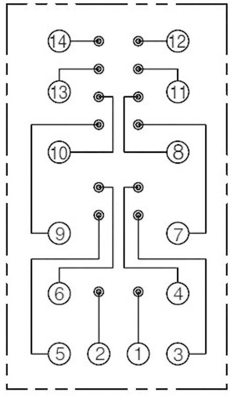 Schéma elektrického obvodu s číslovanými připojovacími body od 1 do 14. Čáry znázorňují propojení mezi body.