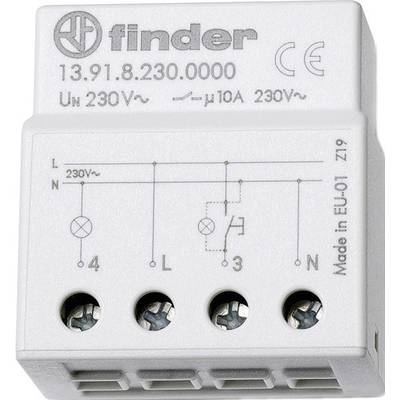 Elektrické relé s nápisem 'Finder', 230V, 10A, zobrazuje schéma zapojení. Vhodné pro napětí v EU.