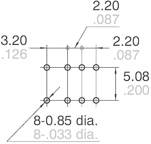 Technický výkres vrtné šablony: 8 otvorů o průměru 0,85 mm. Vzdálenosti: 3,20 mm horizontálně, 2,20 mm vertikálně.