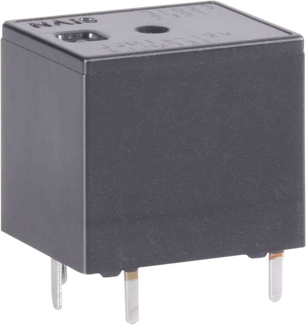 Čtvercové černé elektronické relé se čtyřmi kovovými svorkami, používané v elektrických obvodech.