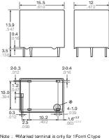 Diagram elektronické komponenty s rozměry v milimetrech. Čelní pohled a boční pohled zobrazují různé rozměry. Poznámka dole vysvětluje, že označený konektor platí pouze pro typ 1 Form C.
