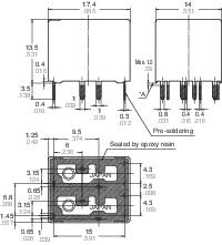 Diagram elektronické součástky s technickými rozměry v milimetrech a palcích. Zobrazuje připojovací body a rozměry pouzdra.