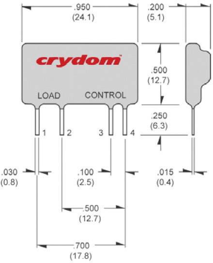 Rozměry a uspořádání pinů polovodičového relé Crydom. Šířka 0,950", výška 0,500". Čtyři piny: 1-2 pro Load, 3-4 pro Control.